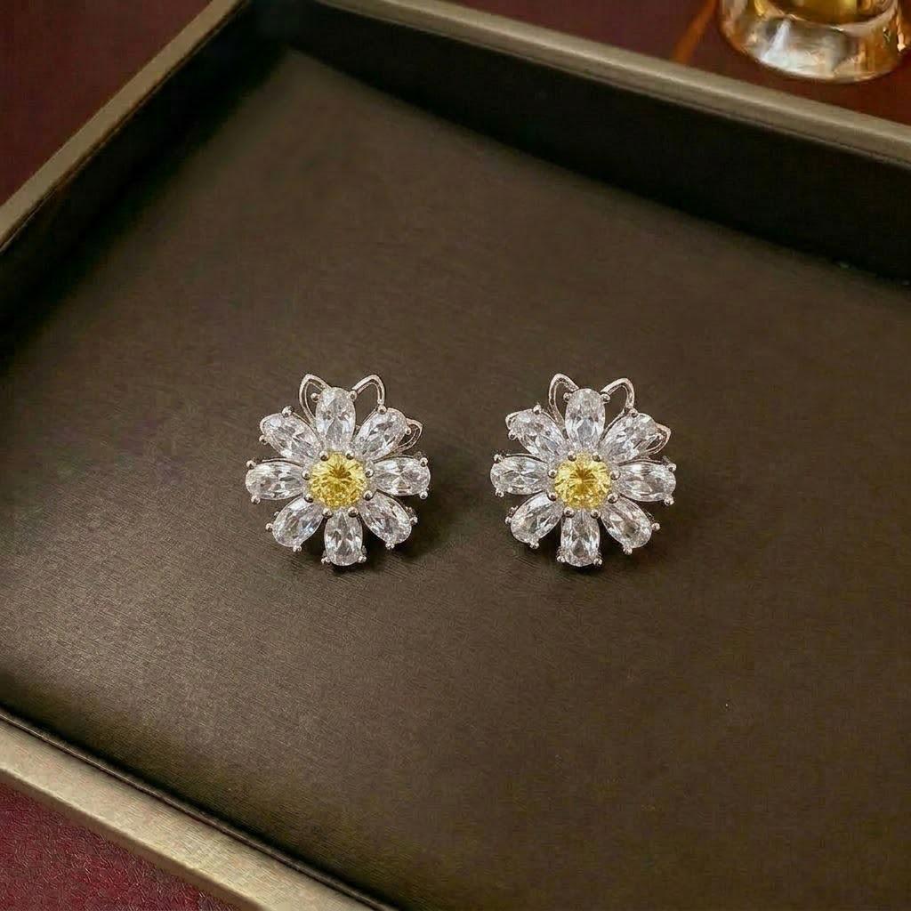 European & American Women's Zircon Flower Necklace & Rotatable Pendant Earrings Set