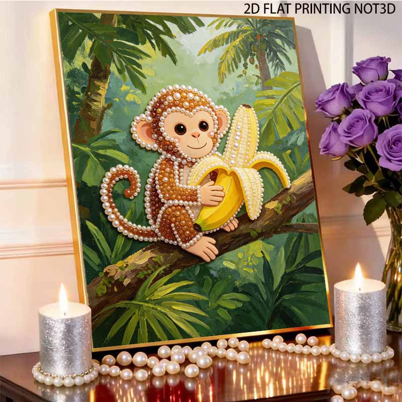 Framed Pearl Painting Kit Cute Monkey Eating Banana DIY 3D Bead Canvas Art Creative Leisure Craft Home Decoration Wall Hanging Hobby Gift
