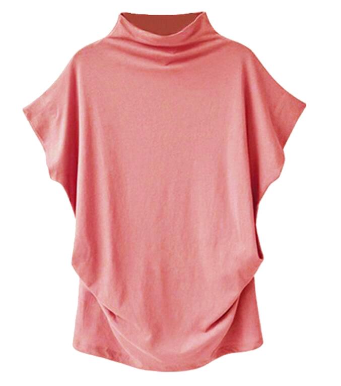 Plus Size Women's Solid Batwing Sleeve T-Shirt - Half-High Collar, Loose Fit, Polyester-Cotton Blend, Short-Sleeve