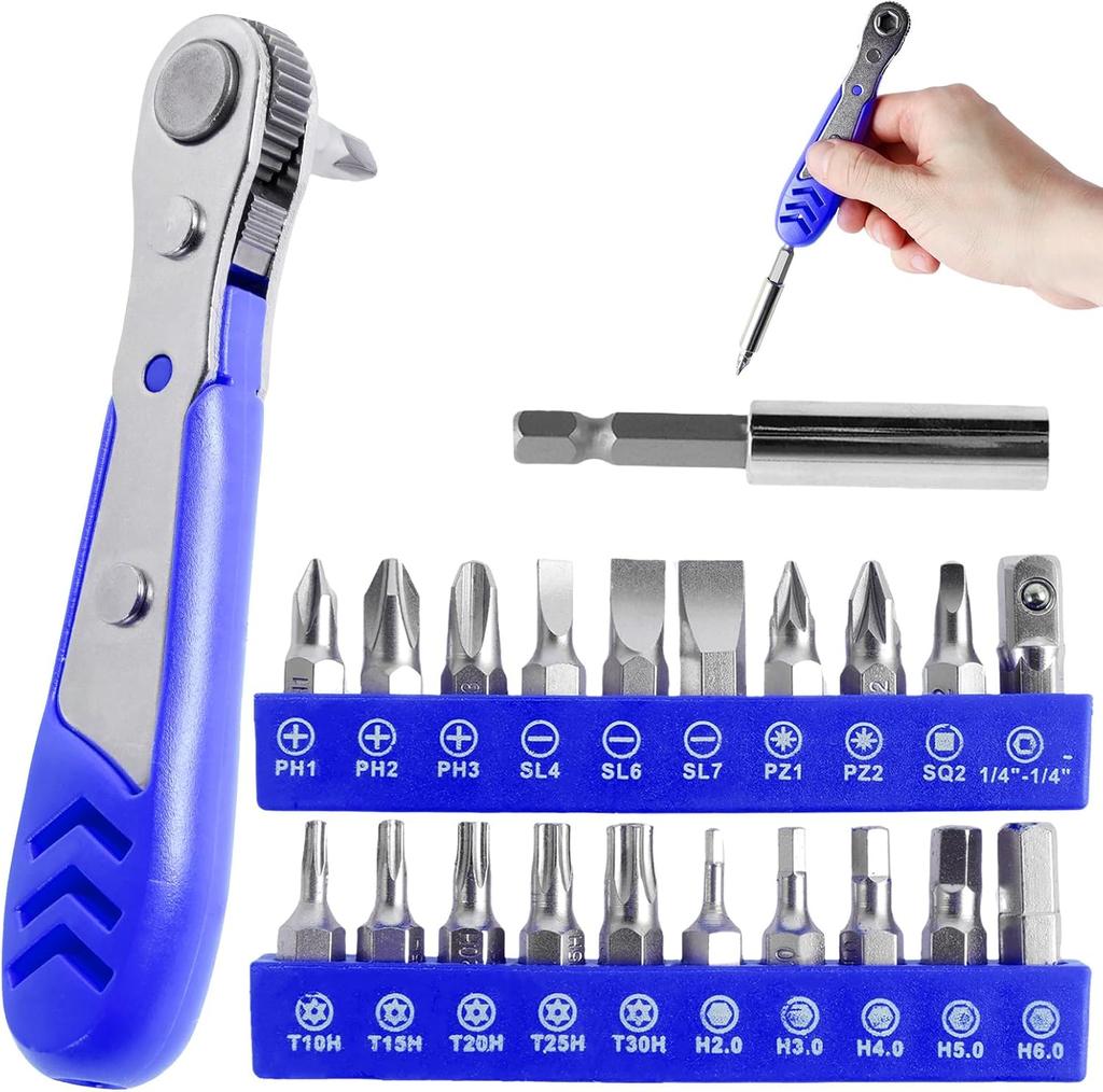 22 in 1 Mini Screwdriver Set 1/4 Right Angled Ratchet Screwdriver with Phillips Slotted Torx Magnetic Bits for Small Space
