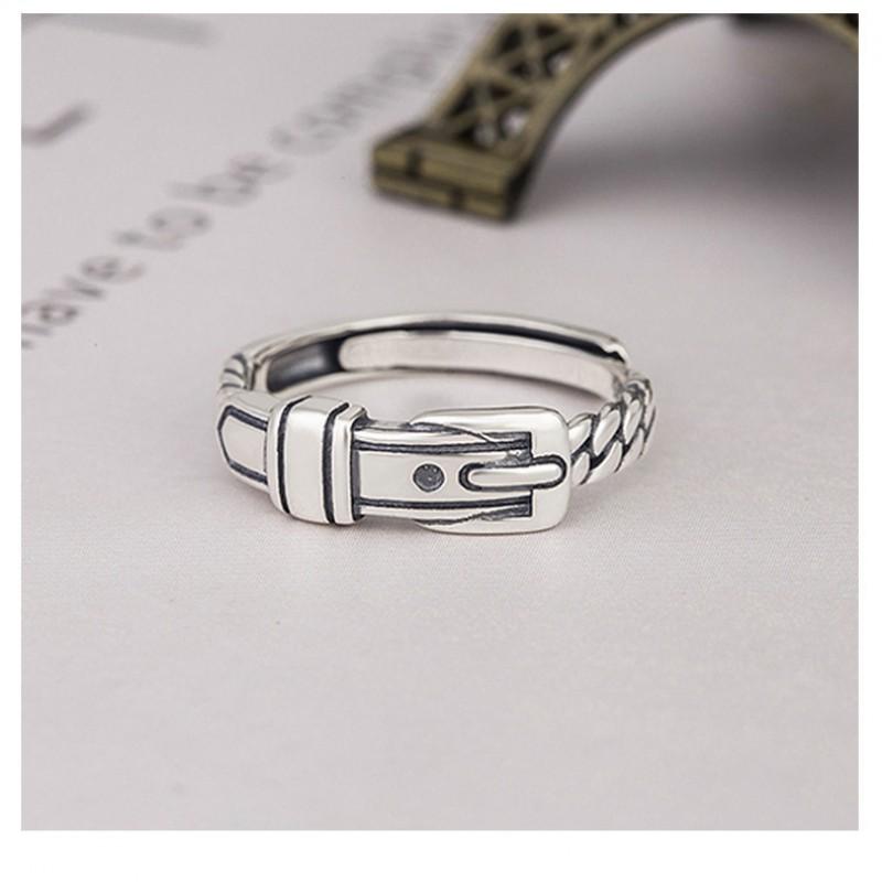 Verstelbare Open Ring Met Vintage Riemgesp Bedel Ketting Detail Sterling Unisex Retro Geometrisch Vinger