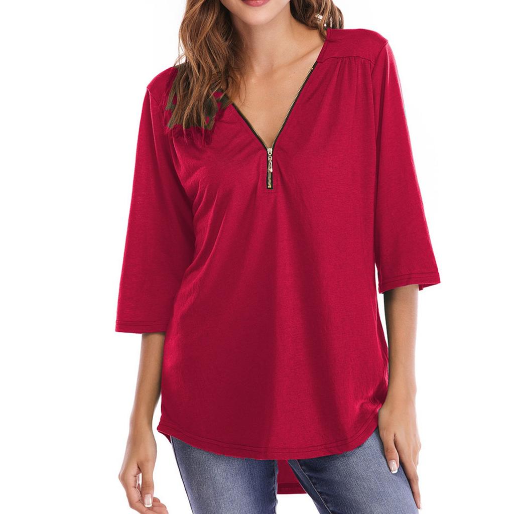 Ladies' Loose Comfortable Casual And Fashionable Pleated Zipper Loose Half Sleeved T-shirt Top