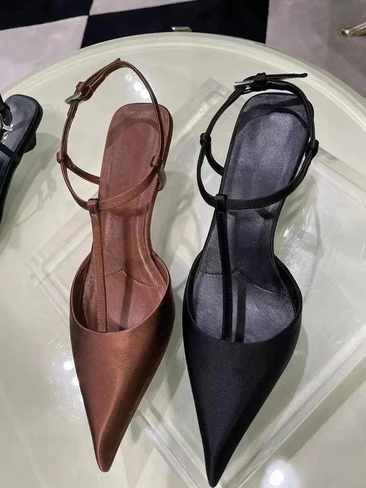 Sexy Pointed Toe Satin Low Heel Sandals Women Elegant Ankle Strap Kitten Heels Women Pumps Summer Fashion Casual Heels Sandals