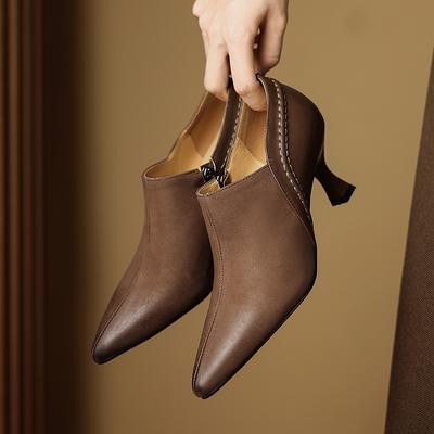 2024 Autumn New Genuine Leather Women Shoes LEISURE Women Slip-On Pumps High Heels Pointed Toe Heels Shoes Office Ladies Shoes