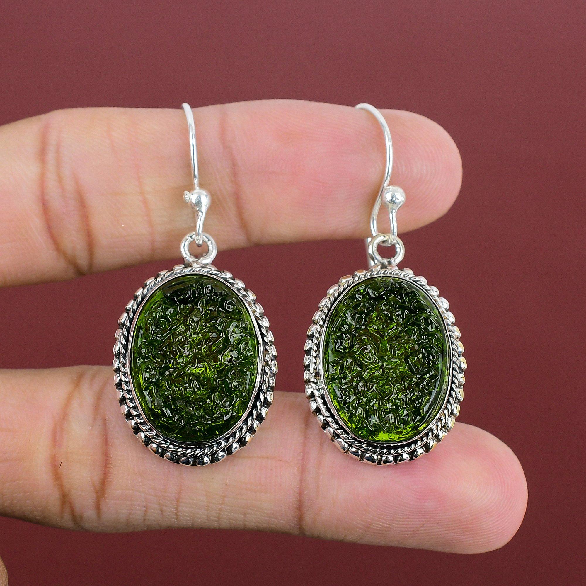 Moldavite Earring Vintage Gemstone Earrings 925 Sterling Silver Earring Handmade Earring Decent Jewelry Designer Earrings Gifts For Friend