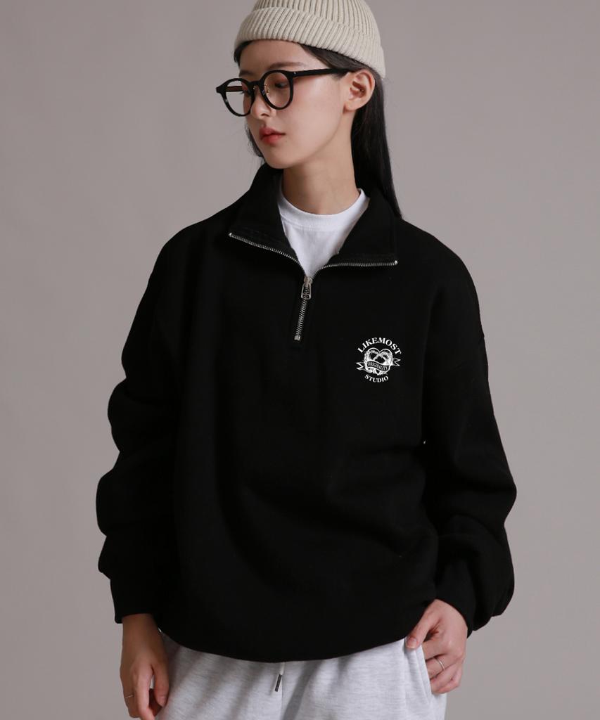 LIKE THE MOST Studio Heart Half-Zip Brushed Over Sweatshirt 4 Colors