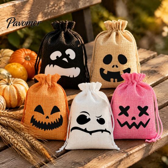 Decorative Gift Packaging 5Pcs Halloween Candy Bags with Drawstring, Funny Ghost Pumpkin Print Pouches Themed Event Goodie for Party Favors And Trick
