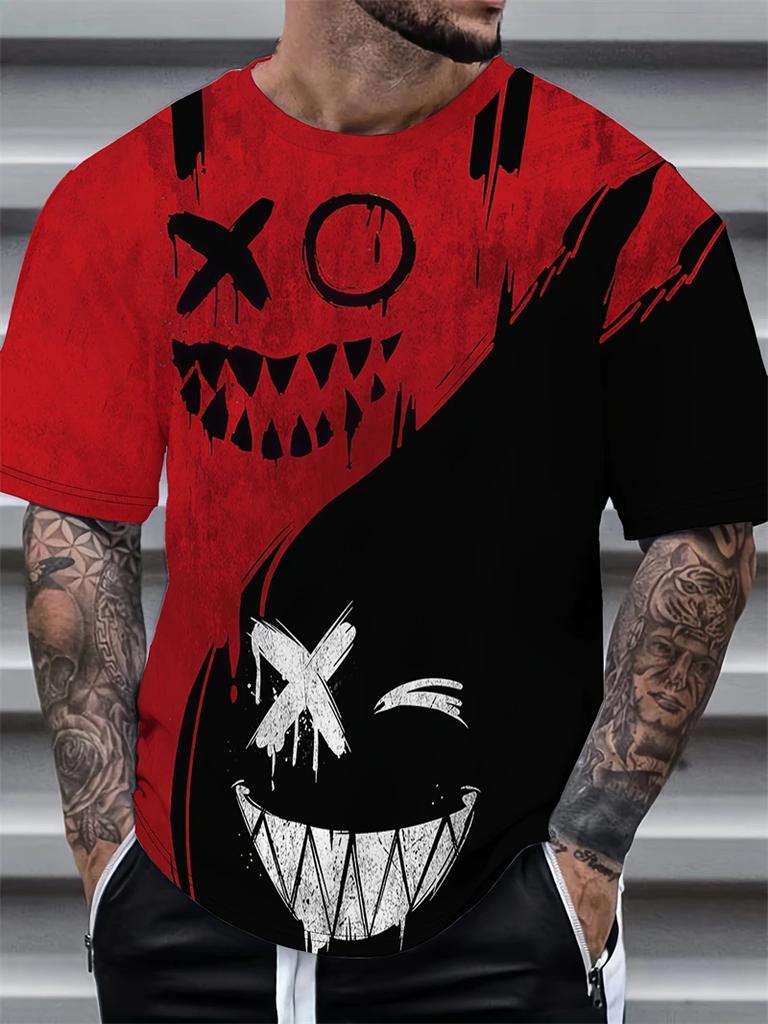 Mens Red Black Split Evil Smiley Face Print TShirt Casual Crew Neck Short Sleeve Cool Streetwear Graphic Tee