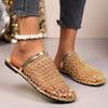 Women's Golden-Tone Woven Jute-like Moccasin Slippers - Open-Toe Arch with Lace-Up Strap & Rubber Sole, All-Season Casual Shoes with Faux Cover Insole