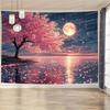 New tapestry peaceful cherry blossom and moon tapestry with starry sky and mountain view a beautiful decoration for bedroom