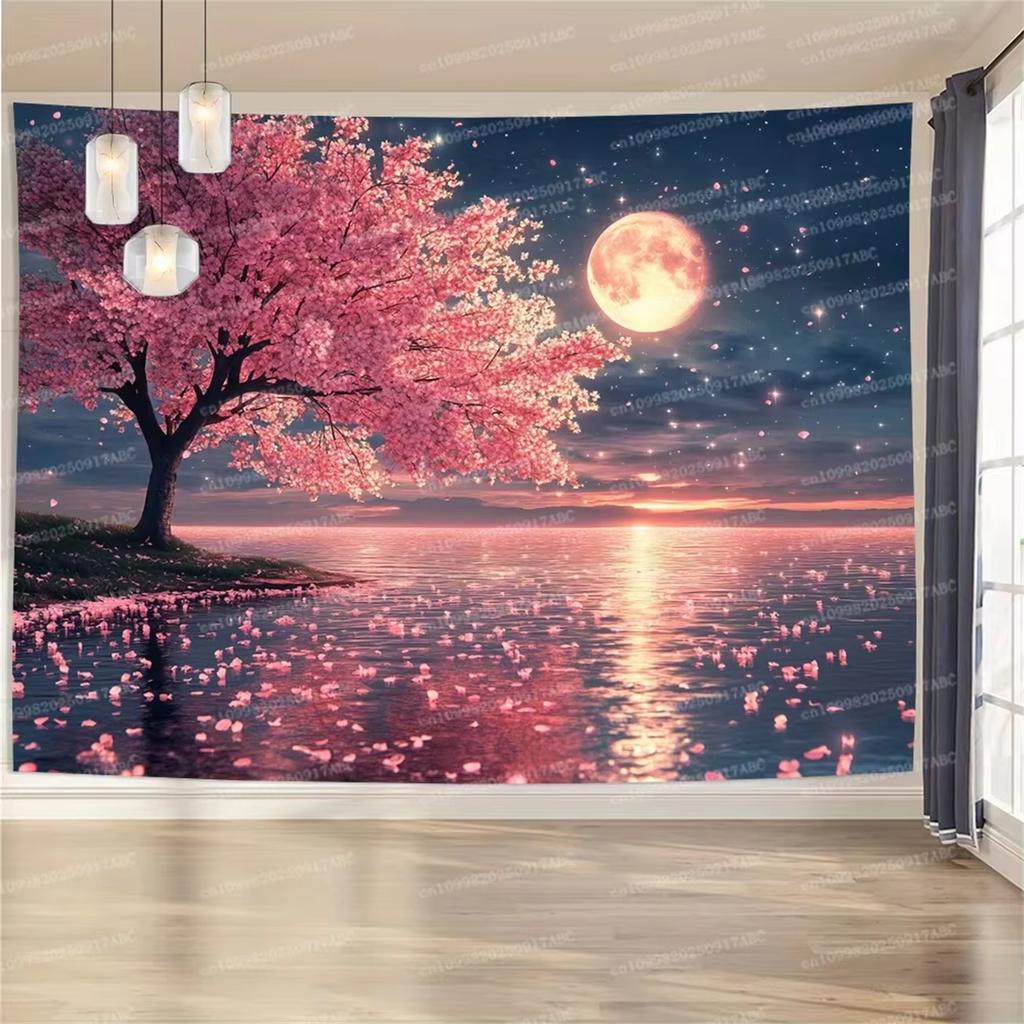 New tapestry peaceful cherry blossom and moon tapestry with starry sky and mountain view a beautiful decoration for bedroom
