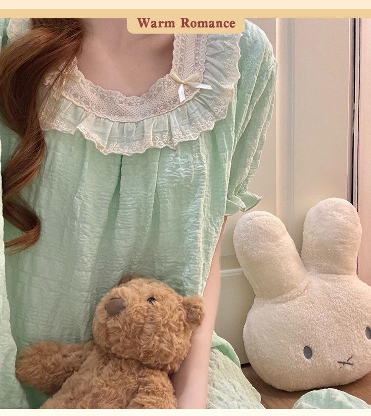 2026 Summer Women's Nightgown: Cloud Cotton, Bra Pads, Short Sleeve, Lace Trim Long Dress