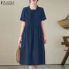 ZANZEA Women Casual Round Neck Solid Color Summer Short Sleeve Dress