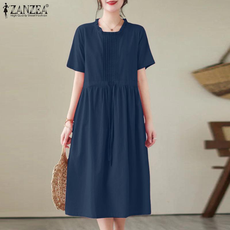 ZANZEA Women Casual Round Neck Solid Color Summer Short Sleeve Dress