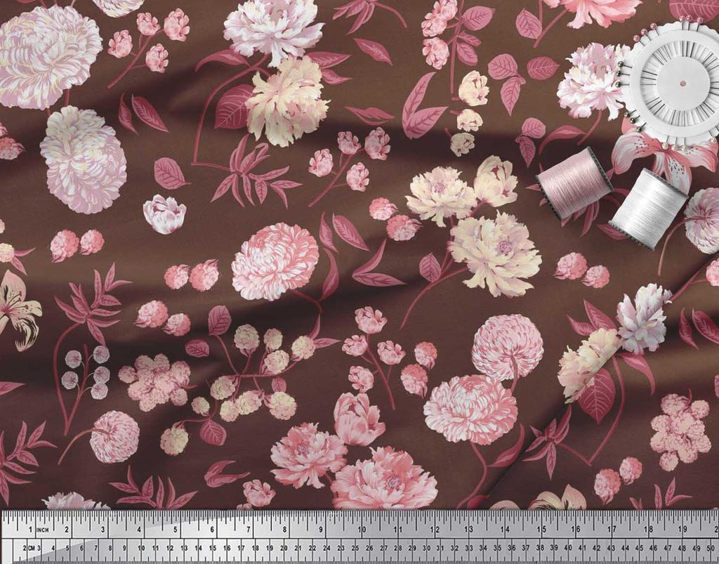 Soimoi Japan Crepe Satin Fabric Leaves,Peony & Dahlia Flower Printed Fabric 1 Metre 42 Inch