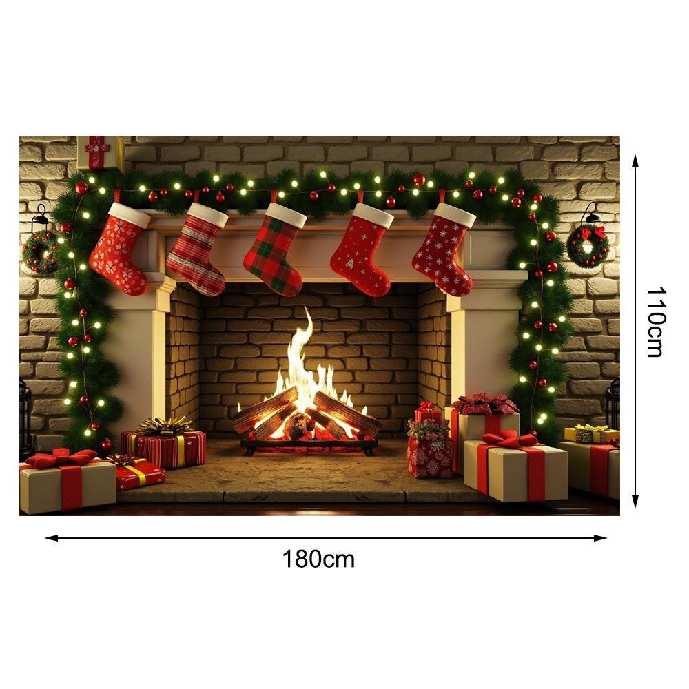 Christmas Fireplace Scene Background 180x10cm Polyester Backcloth For Xmas Photography Home 2025 Party Decorations Banners