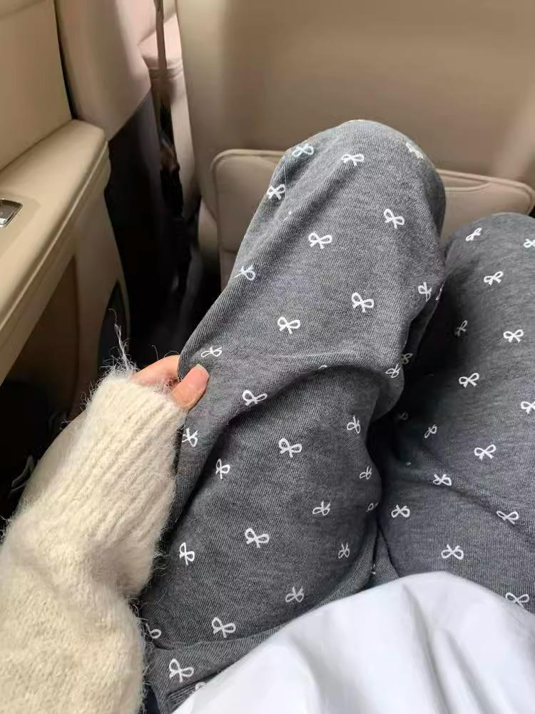 Petite Korean Bow Wide Leg Printed Pants - Slimming Drape Design for Spring/Autumn