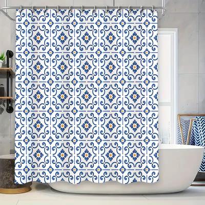 Cortina de Ducha Impermeable con Patrón de Azulejo Cerámico Blanco Azul Impresión 3D Decoración de Baño Tejido Impermeable Alfombrilla de Baño Azul Blanco Estampado
