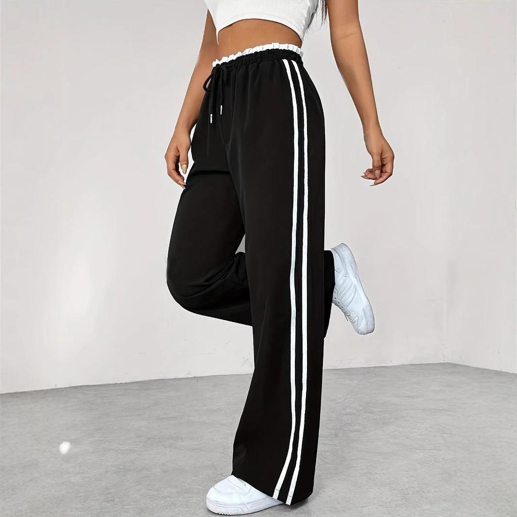 New EU & US Style Black Elastic Waist Straight-Leg Sports Pants - Women's Autumn/Winter Casual Trousers