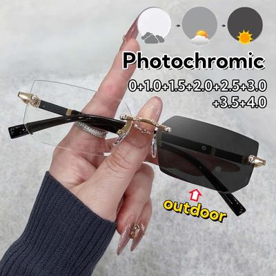 Occhiali fotocromatici senza montatura per presbiopia, protezione UV, unisex, per presbiopia, gradazione da 0 a +4.0, design elegante con bordo tagliato.