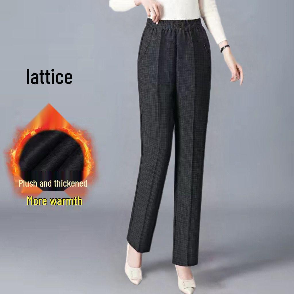 Fleece-Lined High-Waisted Straight-Leg Pants for Middle-Aged & Elderly Women - Ideal for Spring & Autumn