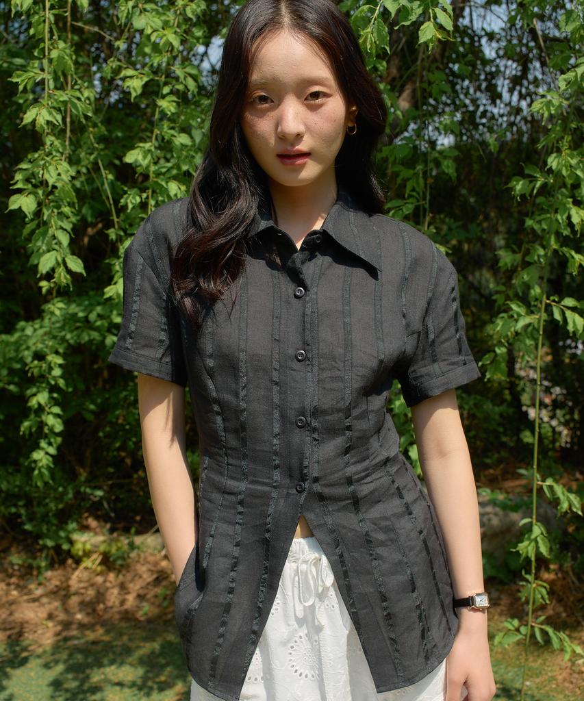 SALON DE YOHN Classic Linen Short Sleeve Shirt_ Black