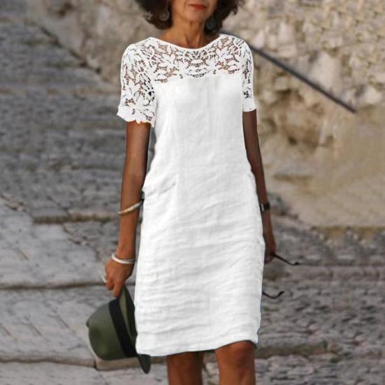 Damen Sommerkleid Aushöhlen Spitze Nähte Kurzarm Einfarbig Locker Täglich