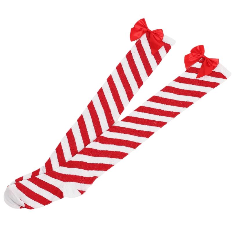 Striped Stockings For Women Over The Knee Long Socks Christmas Green Red Bowknot Long Socks Female Leg Stocking