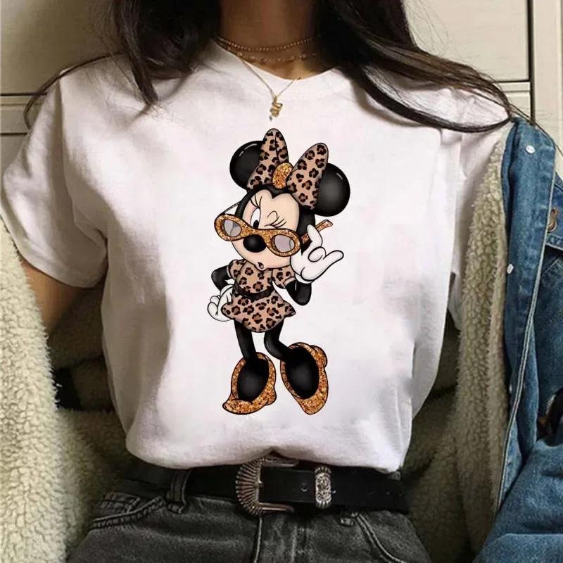 Cute T-Shirt Cartoon Tees Mickey Mouse Leopard Print Minnie Print White Short Sleeves Round Neck Tops Y2k Unisex