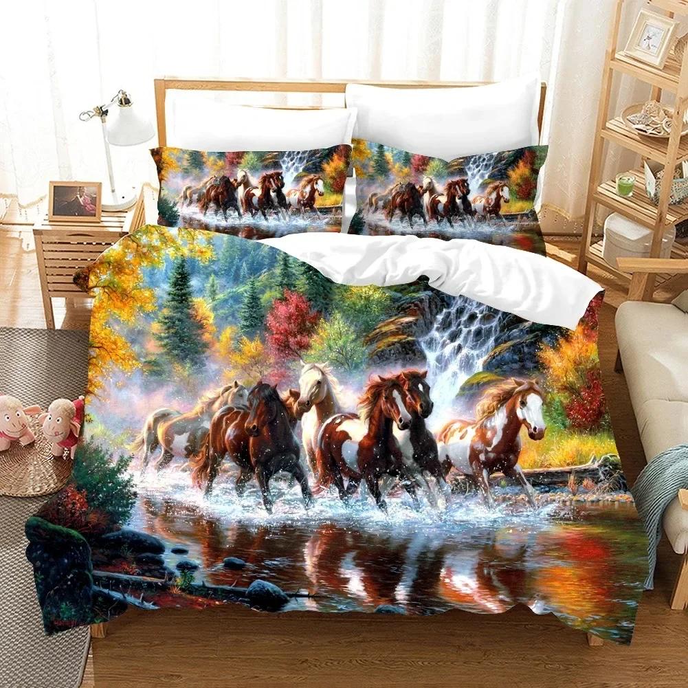 Running Horses Comfortable Duvet Quilt Cover Pillowcase Bedding Set Children Bedroom Decoration Home Textile