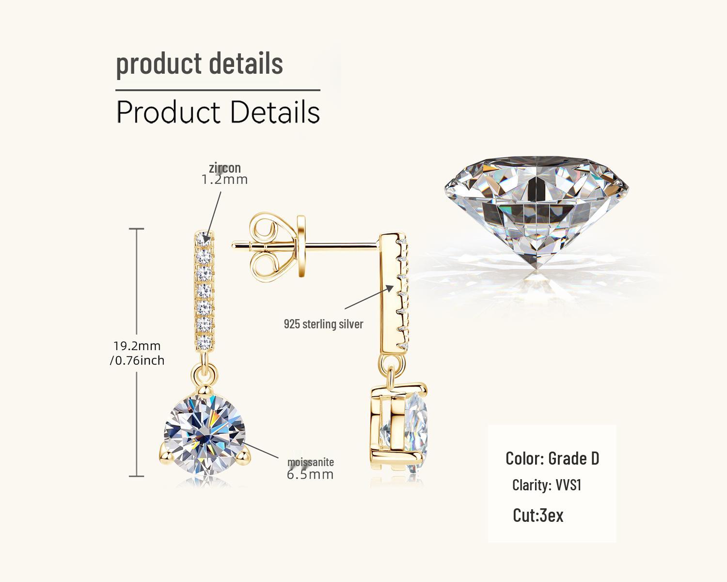 

Серьги-кисточки из муассанита высокого класса: Стерлинговое серебро S925, Трехзубцовый дизайн 1 Carat + 1 Carat золотой