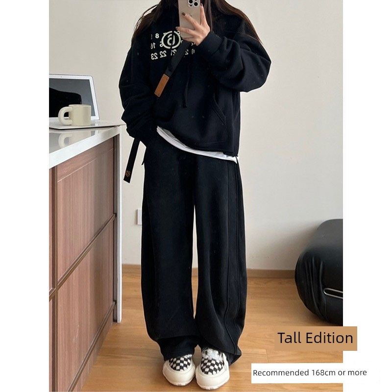 

Black Sports Autumn and Winter Plus Size Ladies Pear-Shaped Machete Sweatpants Black, Tall Fit L