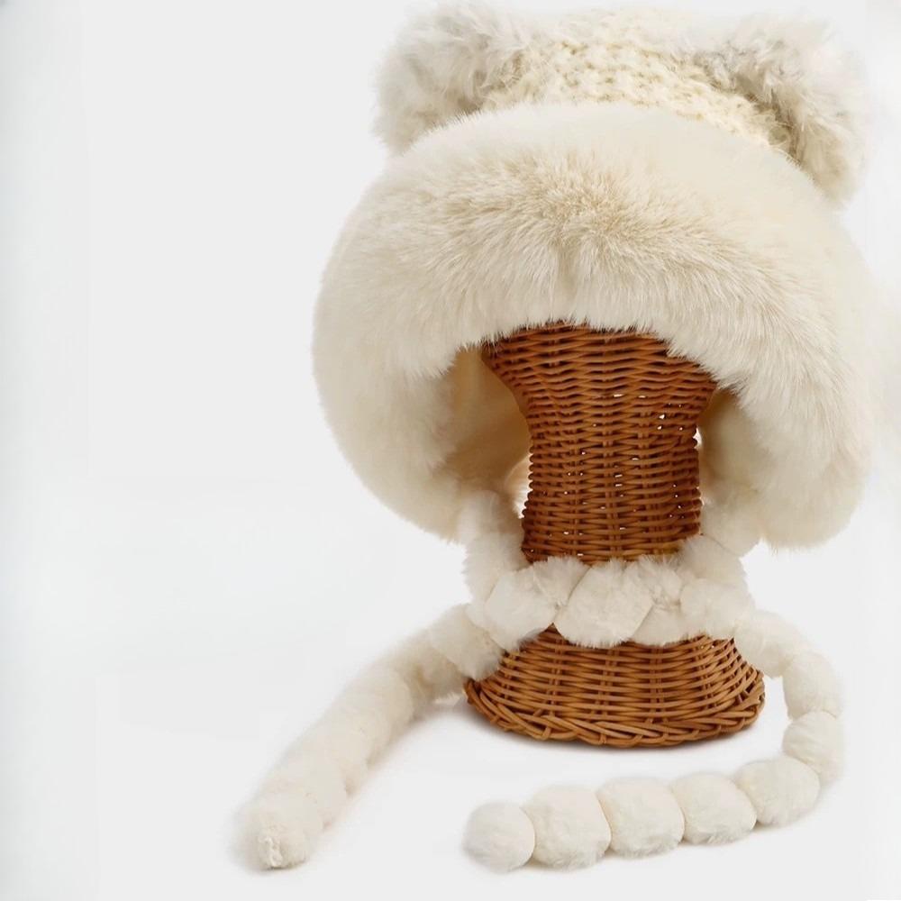 Winter Warme Bommelmütze Fleecegefüttert Verdickt Gestrickte Wollmütze Damen Niedliche Plüschmütze Kunstpelz Schmeichelhaft