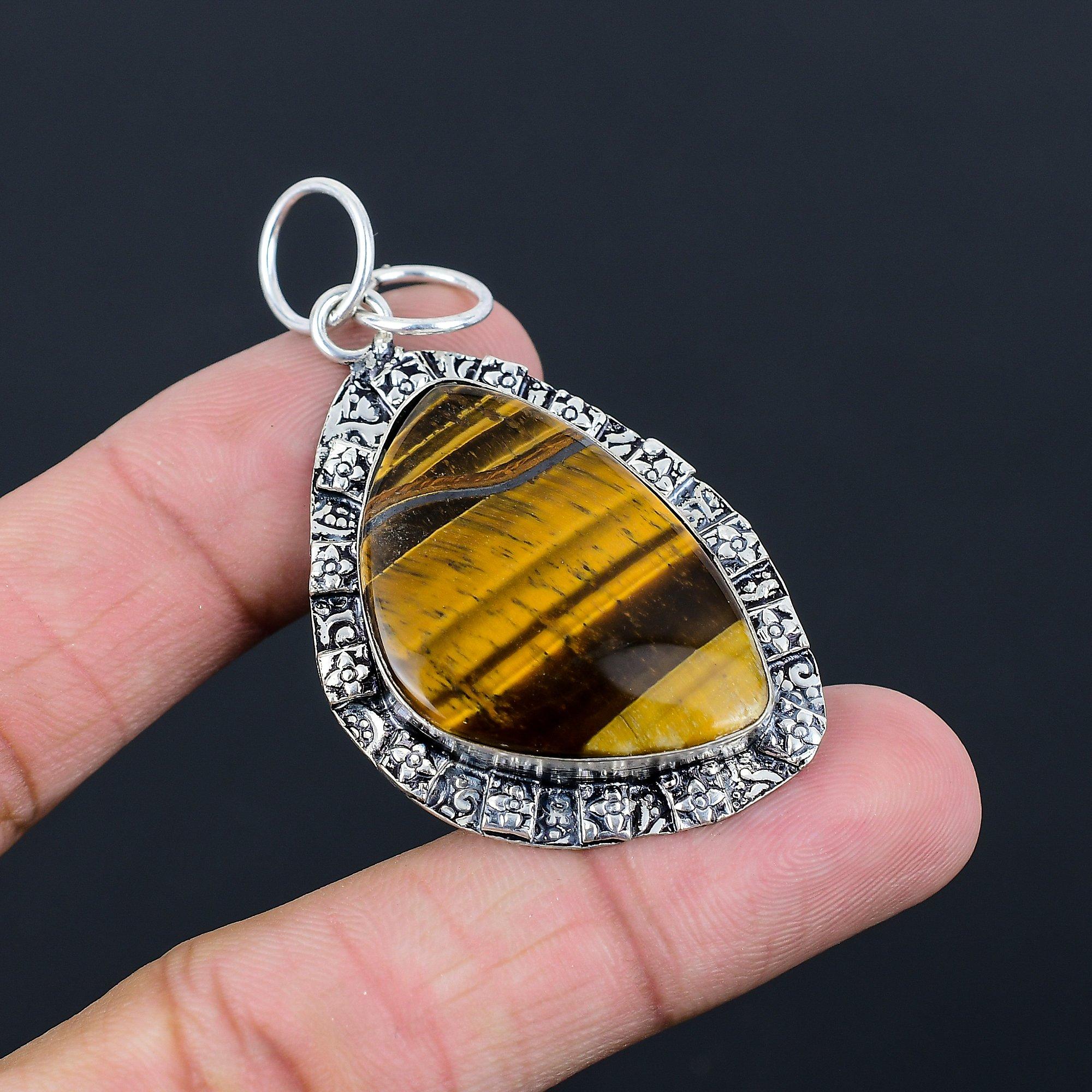 Womens day Sale Natural Tiger Eye Wedding Bezel Handmade Pendant Sterling Silver