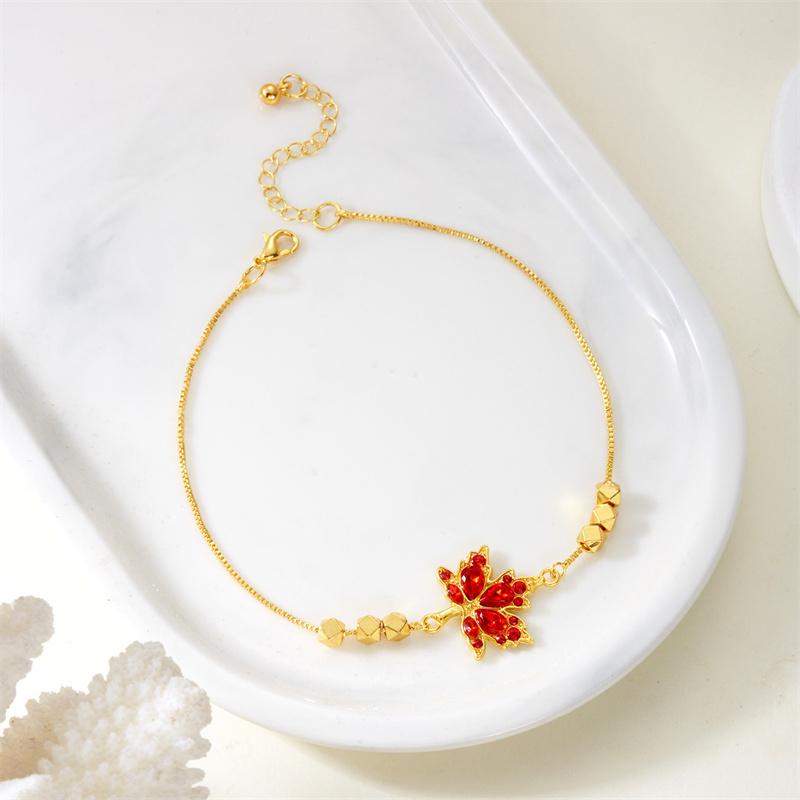 Luxury Red Zircon Maple Leaf Beads Bracelet for Women Korean Style Golden Chain Party New Plant Year Accessory Gift