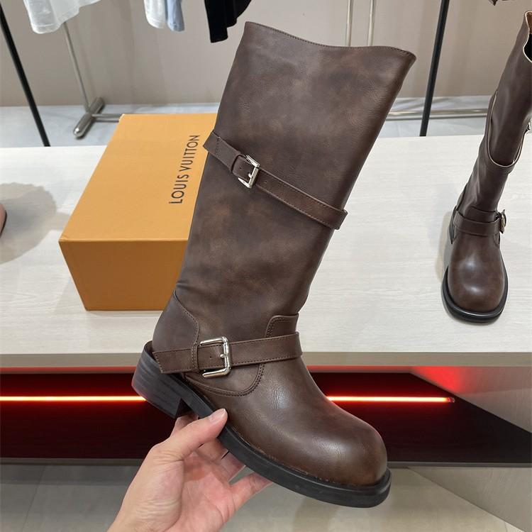 Leather thick-soled round-head retro belt buckle rubbed long boots women's autumn and winter medium and high boots knight boots