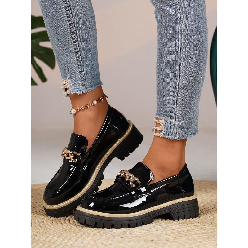 Metal Chain Low-top Shoes 2025 Autumn New Platform Muffin Kick Plus-size Loafer Girl