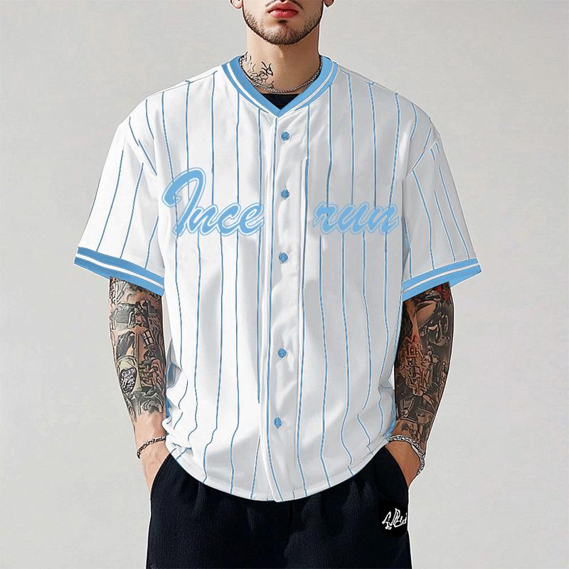 INCERUN Men Collarless Striped Short Sleeve Buttons T-shirts Stitching Summer Tops