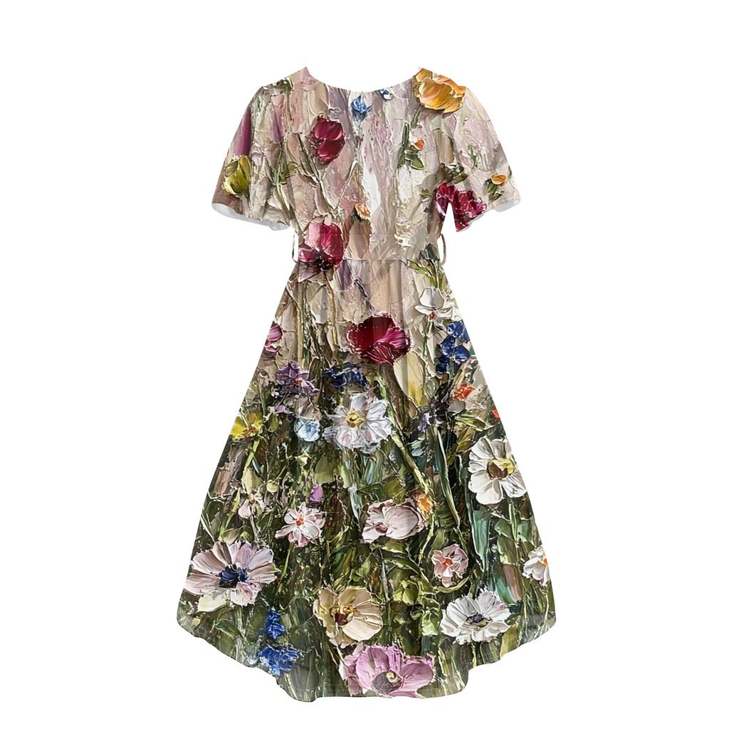 Women's Casual Fashion Flared Skirt V-neck Short-sleeved Floral Print Dress