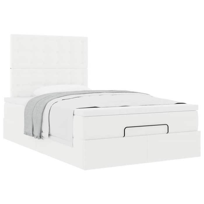 Cadre de lit avec matelas - 120x190 cm - Similicuir blanc - Rangement sous le lit - Mécanisme hydraulique