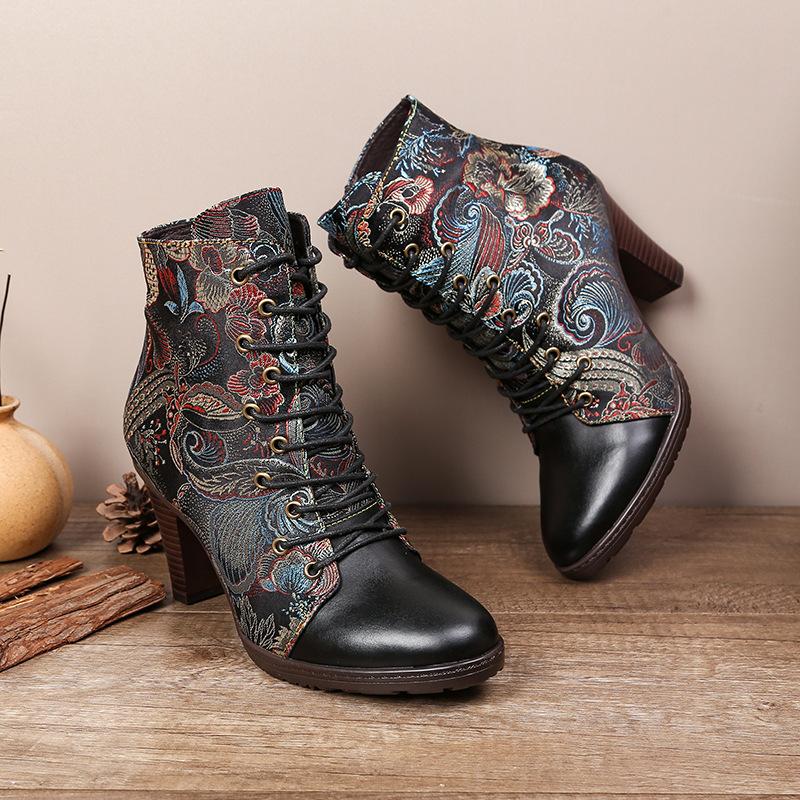 Johnature Bokacsizma Női cipő Valódi bőr etnikai stílusú hegyes orrú, kézzel készített divatos magassarkú modern csizma