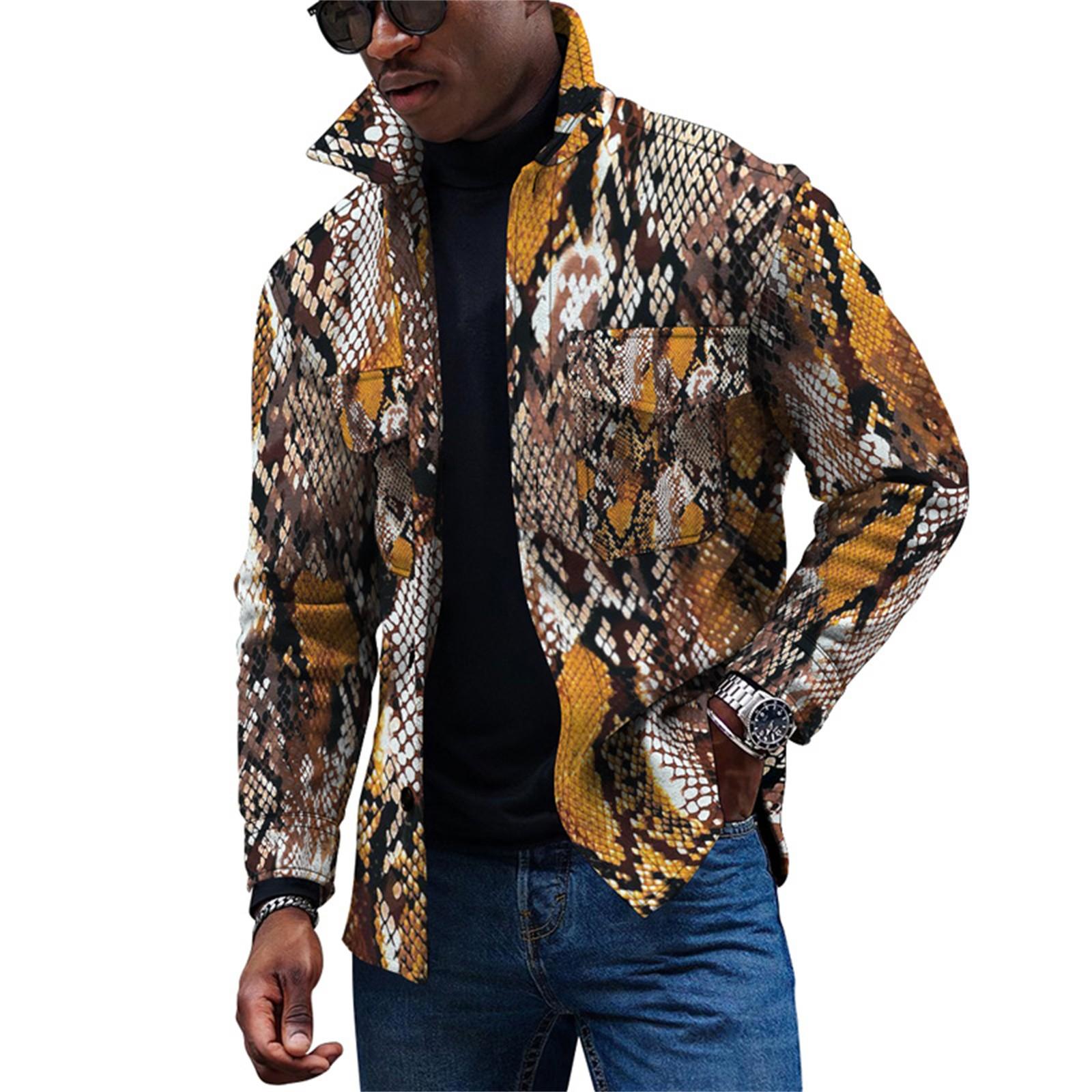 

Мужская модная тенденция, повседневная повседневная куртка на пуговицах с длинным рукавом с принтом M золотой