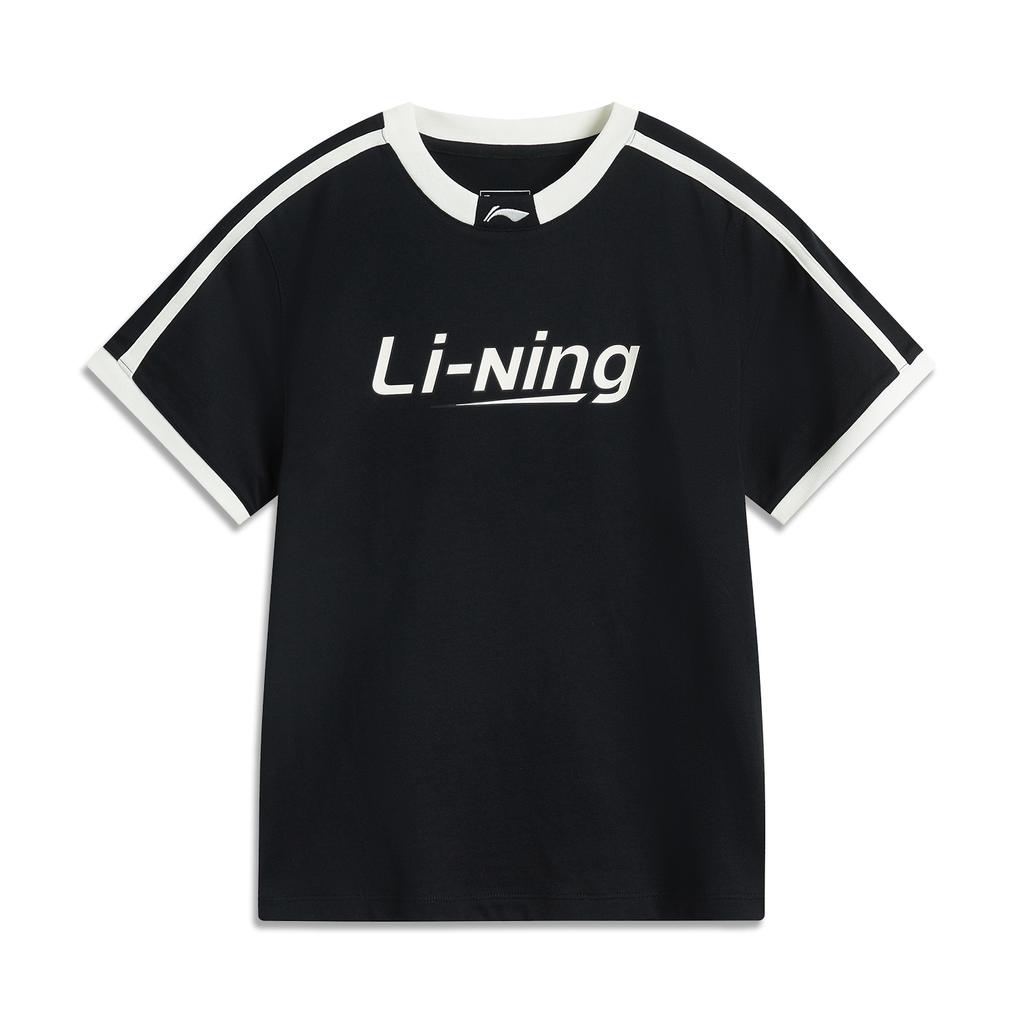 Li Ning Sports Lifestyle Series American Retro Letter Logo Casual Comfortable Short Sleeve T-Shirt Women T-Shirts Black Off-White AHSVB44-2