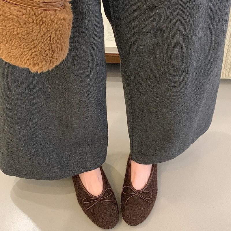 Flat bottom square head bow woolen single shoes women's 2025 autumn and winter new cotton shoes plush grandma shoes Korean version of woolen shoes