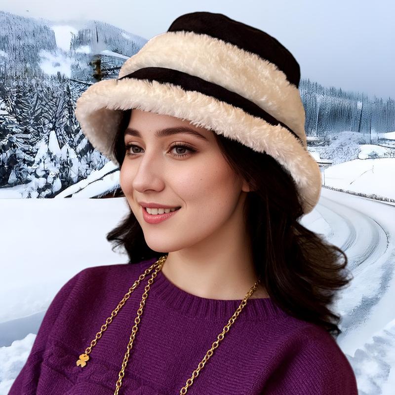 

Осень и зима новая шляпа женская зимняя теплая плюшевая утолщенная теплая шляпа-ведро большой окружности головы пушистая шляпа-панама L（58-60cm）