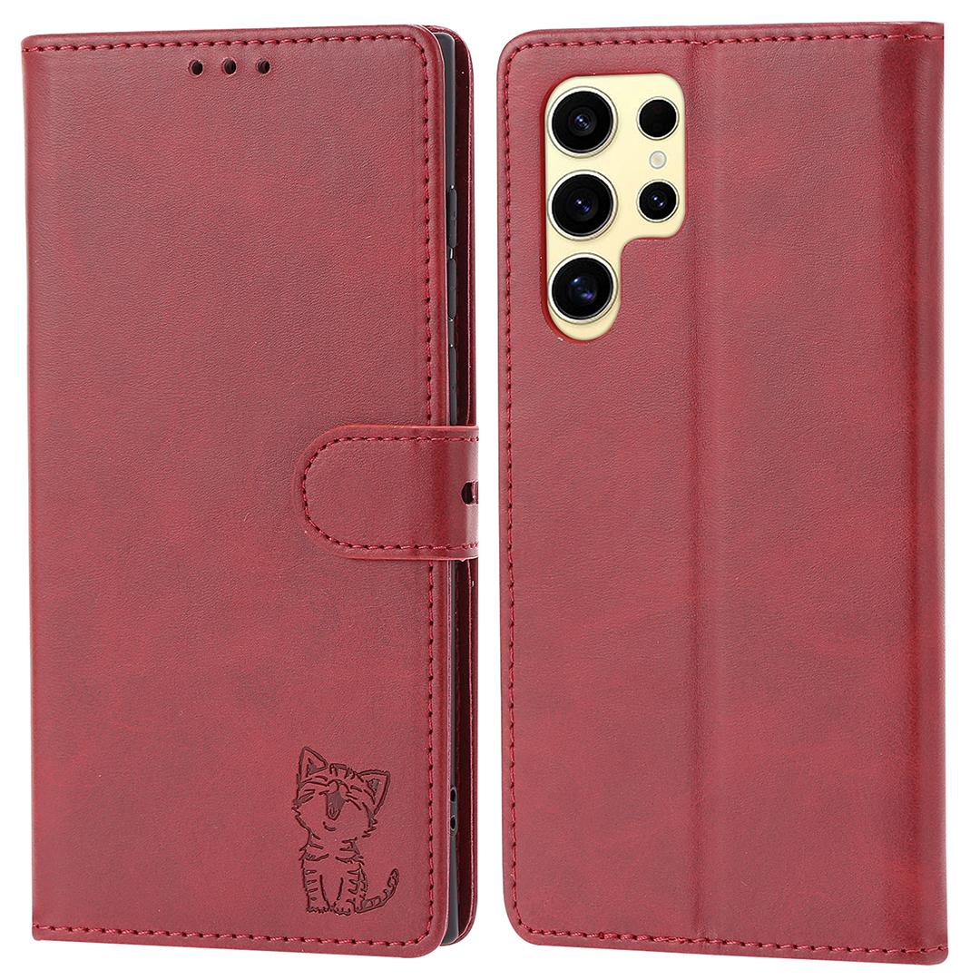 

Чехол для Samsung Galaxy S25 Ultra, кошелек-книжка из кожи с тисненым узором Счастливый кот Red