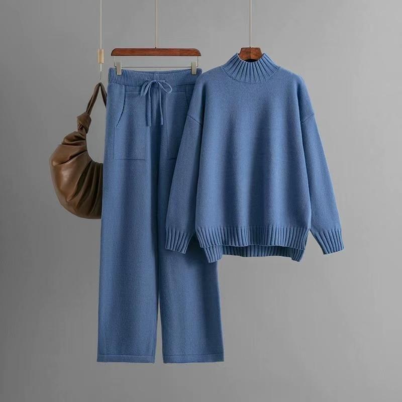 Fashion Winter Knitting Mock Neck Sweater Pants Suit Knited Sweater and Pants Set