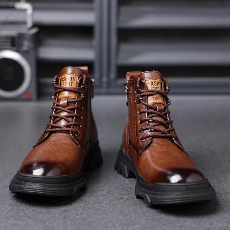 British Style Outdoor Sneakers Casual Ankle Boots for Men Genuine Leather Boots Comfortable Flat High Top Lace Up Fashion Male