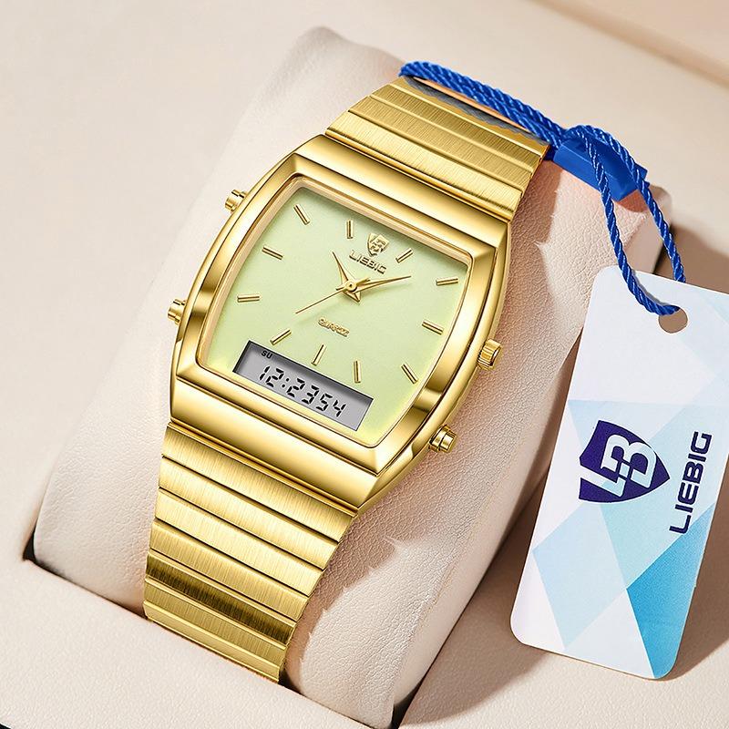 I couple watch business casual simple fine steel belt waterproof double display electronic quartz watch