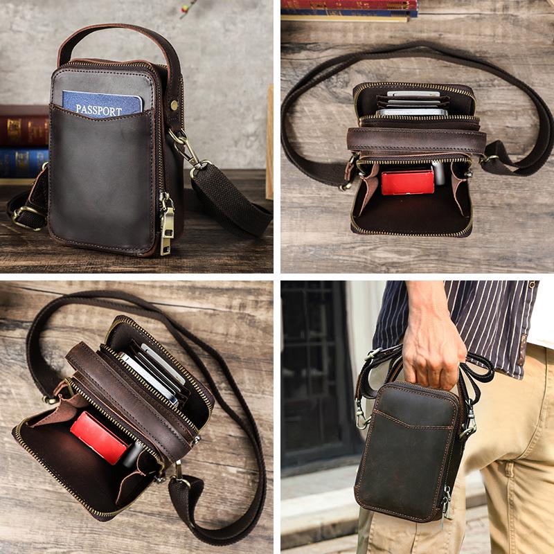 Retro Crazy Horse Leather Crossbody Phone Bag - Compact Outdoor Travel Storage